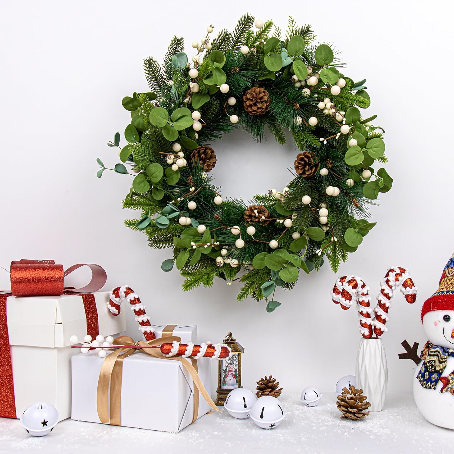 20 Inches Vintage Christmas Wreath Classic Winter Wreaths for Front Door Rustic Holiday Winter Wreath with White Berry Pine Cones for Doors Windows Indoors Outside Hanging Decoration